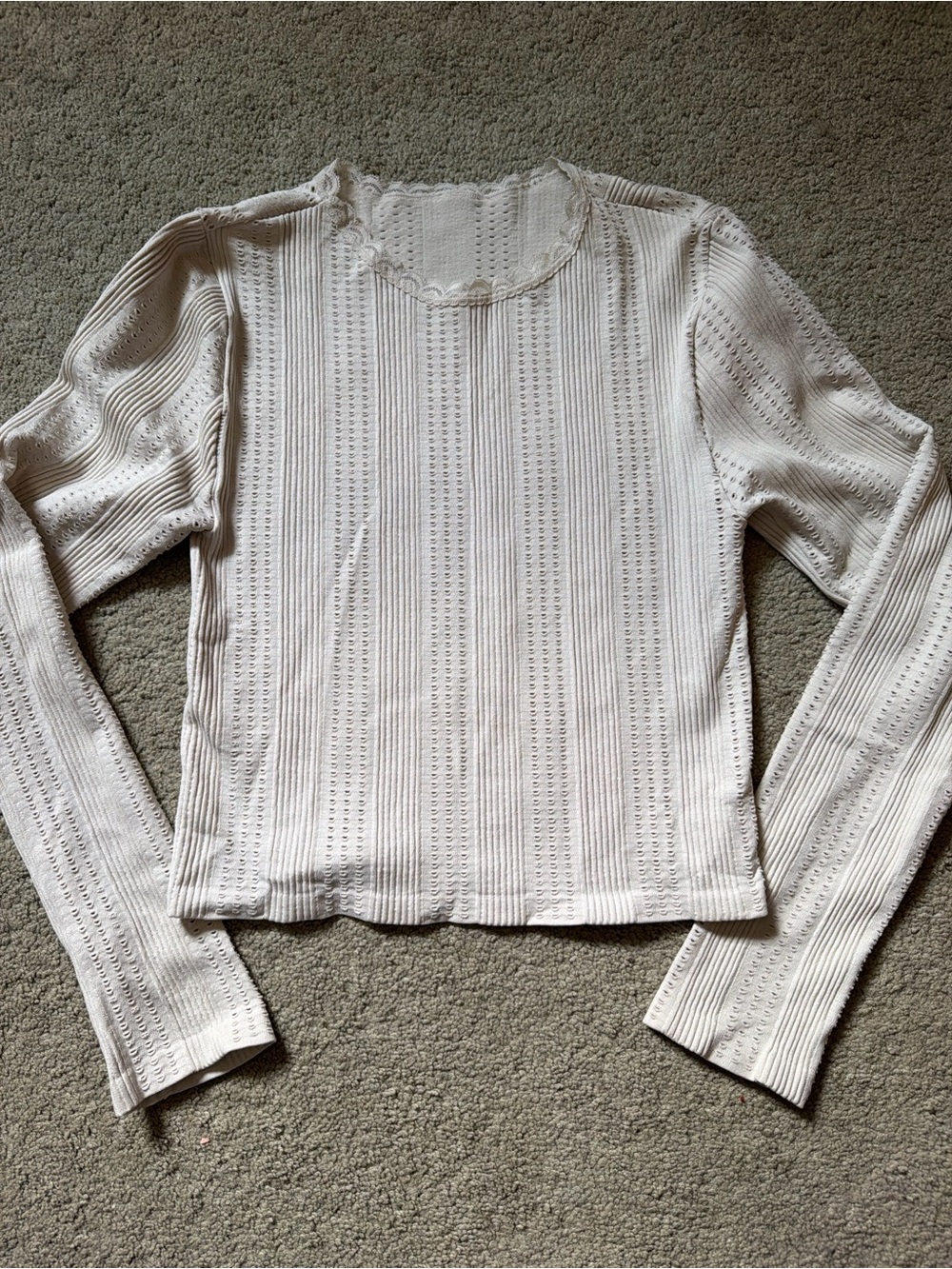Women's Cream Knit Long-Sleeve Pointelle Top